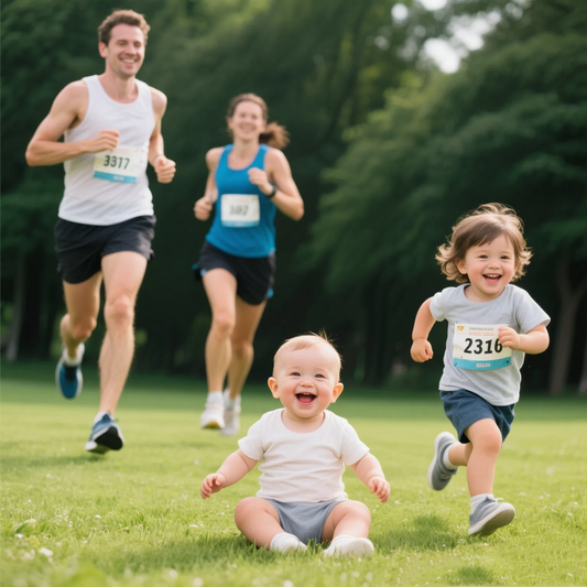 Parents and their 8-year-old son are running a marathon. Their 1-year-old child is sitting on the lawn to cheer them on. Among the items is a Huilai Ice Pack as an ice pack for post-exercise first aid.