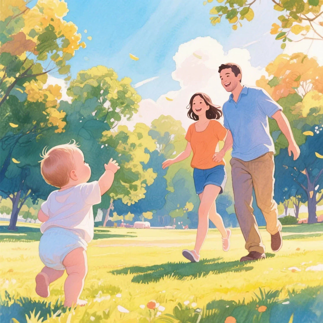 Happy family playing in sunny park, baby looking at distant trees, vibrant colors, watercolor style