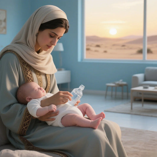 Arab mother applying safe ice therapy to infant leg in Dubai home